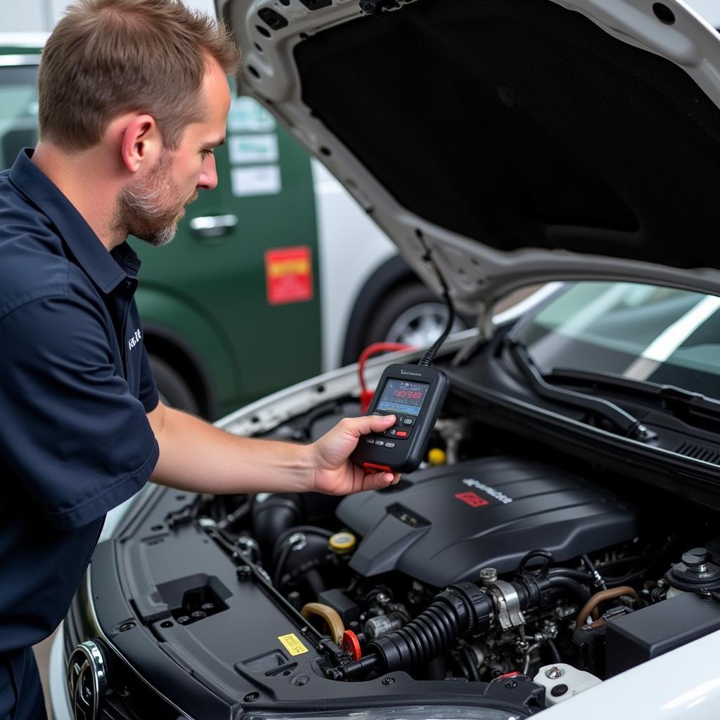 Andreas Rebers erklärt die Verwendung eines Diagnosegeräts an einem Fahrzeugmotor.