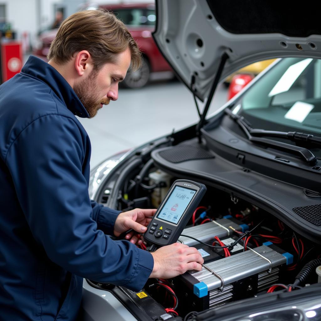 Andreas Rebers erklärt die Diagnose an einem Elektrofahrzeug.