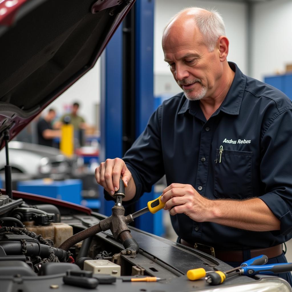 Andreas Rebers demonstriert die Reparatur eines Fahrzeugteils.