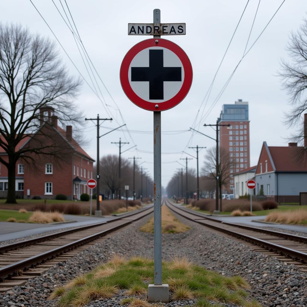 Andreaskreuz an einem Bahnübergang innerorts