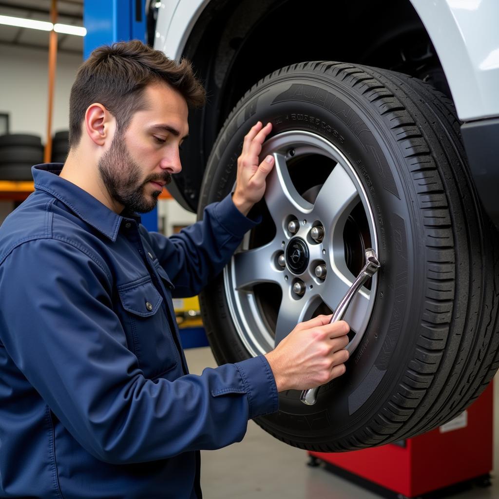 ATU Radwechsel Preis: Ein Mechaniker wechselt Reifen in einer ATU Werkstatt.