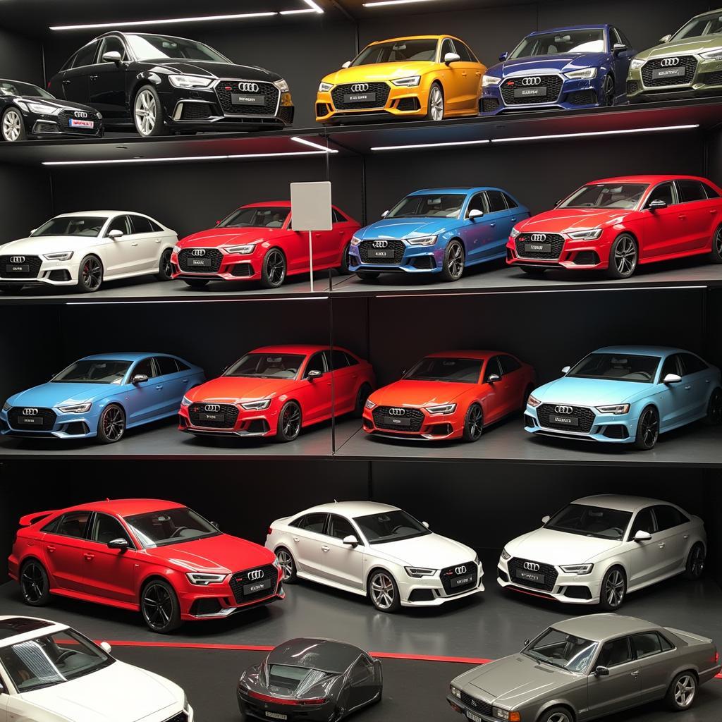 Eine Sammlung von Audi RS3 Modellautos in einer Vitrine