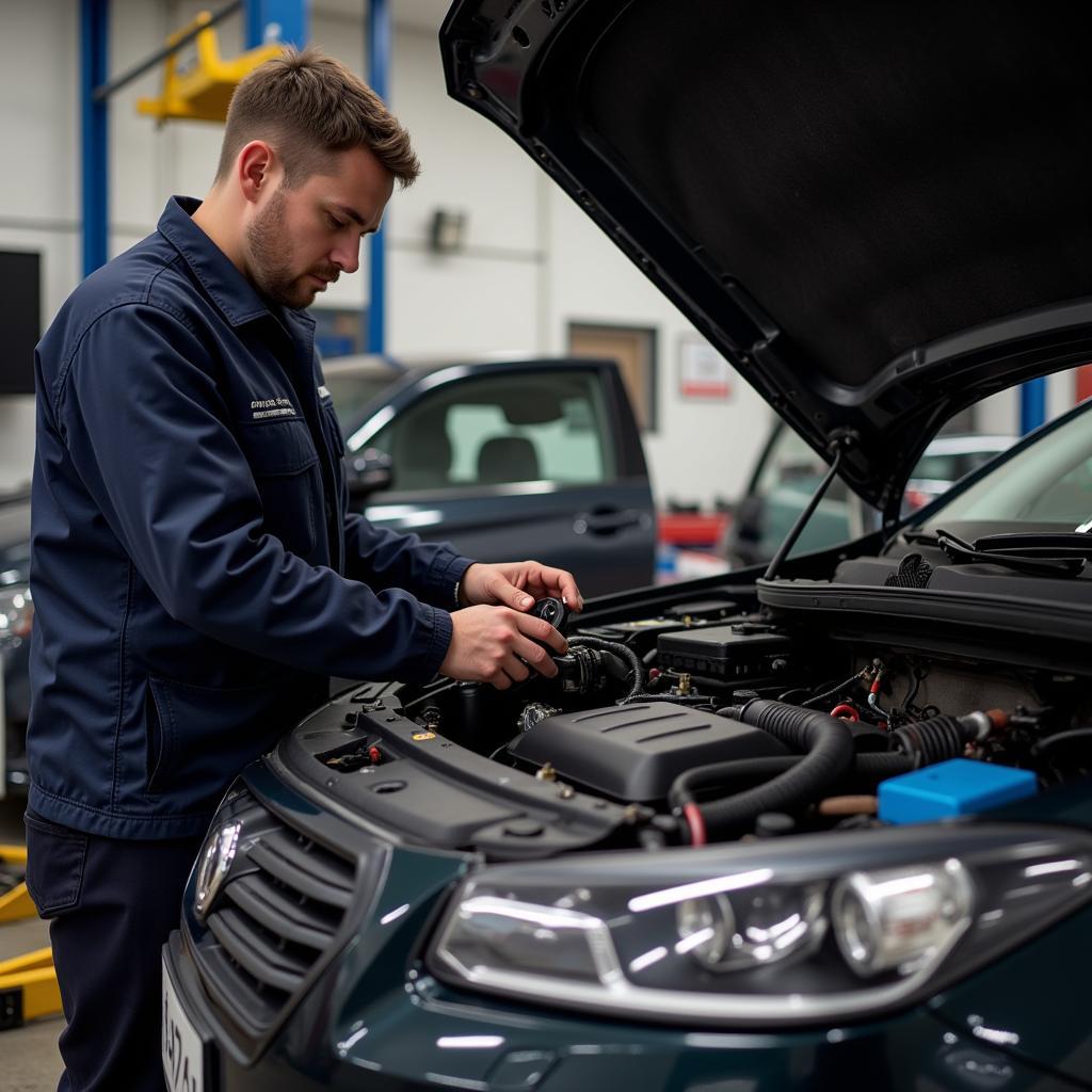 Auto in Werkstatt: Ein Mechaniker repariert ein defektes Relais in einem Auto.