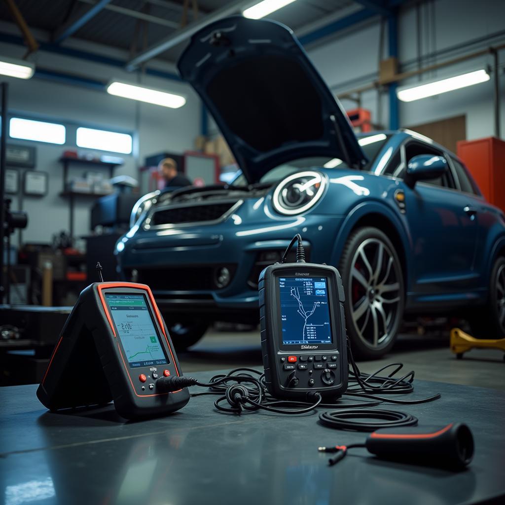 Auto Reparatur in einer Werkstatt mit Diagnosegeräten