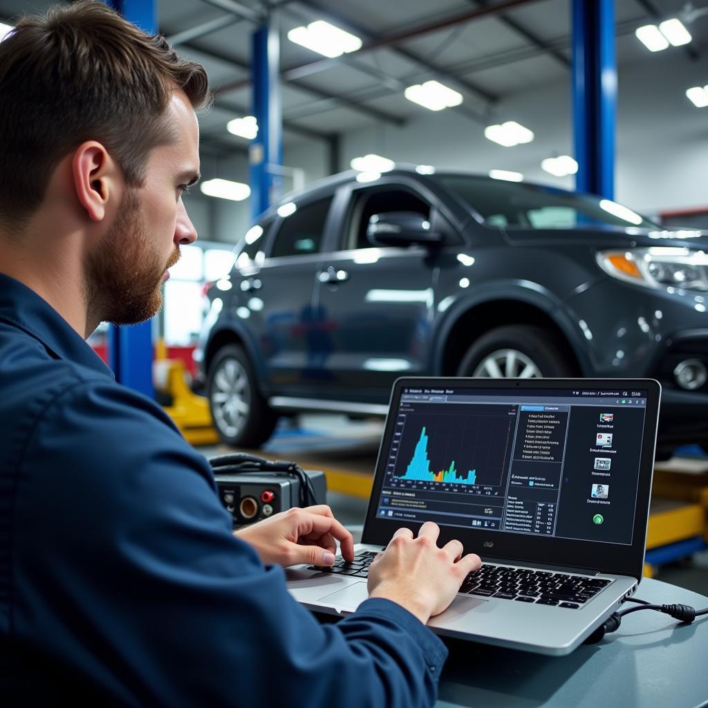 Fehlersuche in einer Autowerkstatt mit modernen Diagnosegeräten