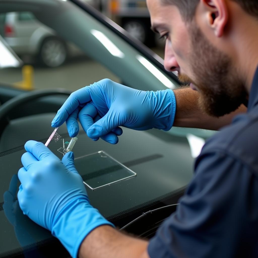 Autoglas Reparatur in Essen: Ein kleiner Steinschlag wird repariert.