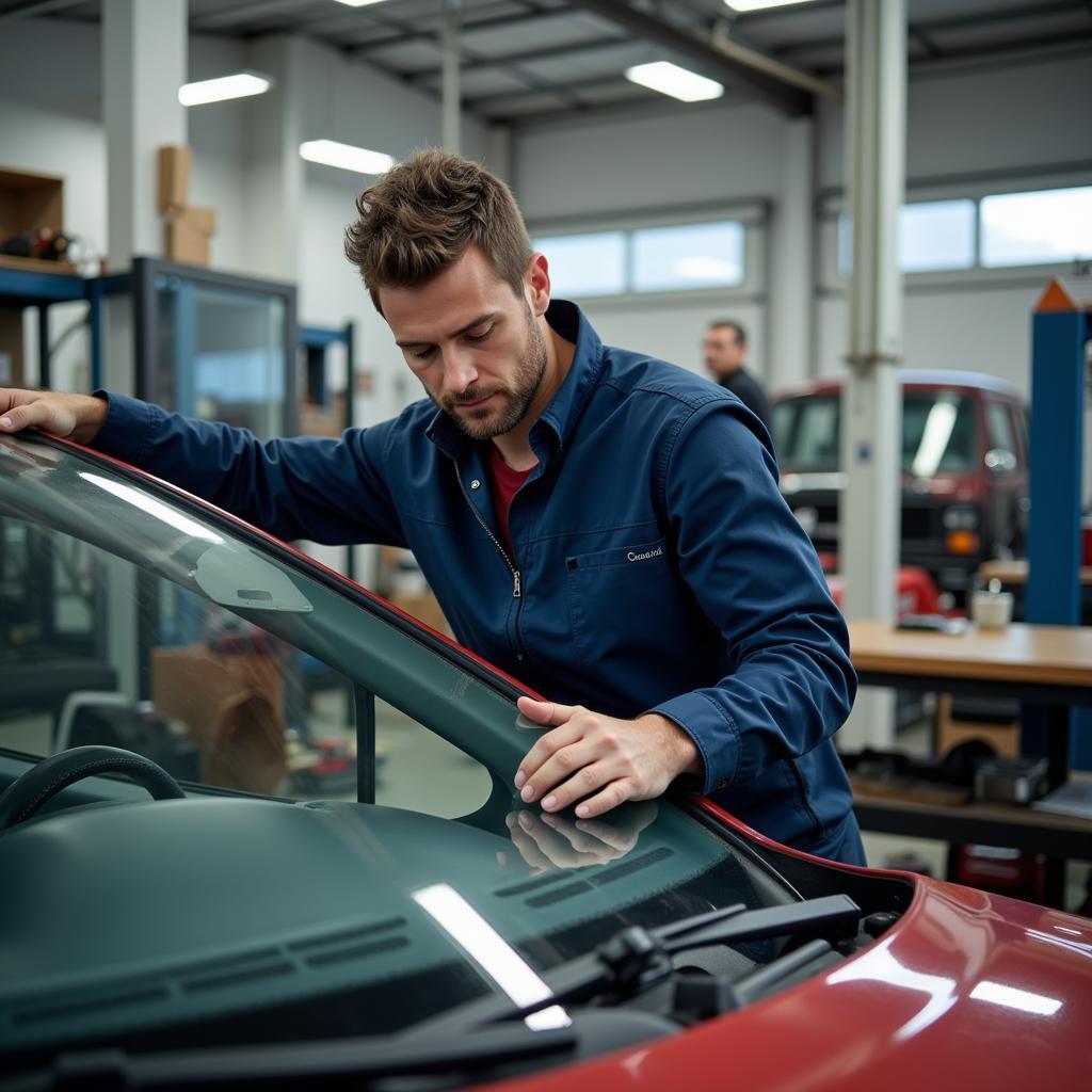 Professionelle Autoglas Werkstatt in Essen: Ein Mechaniker tauscht eine Windschutzscheibe aus.