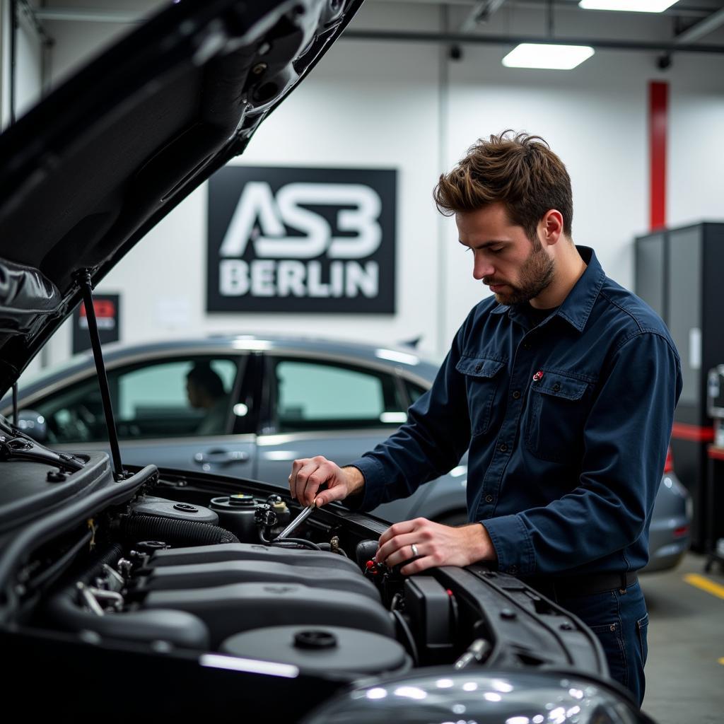 Autoreparatur im Autohaus ASB Berlin: Ein Mechaniker arbeitet an einem Motor.