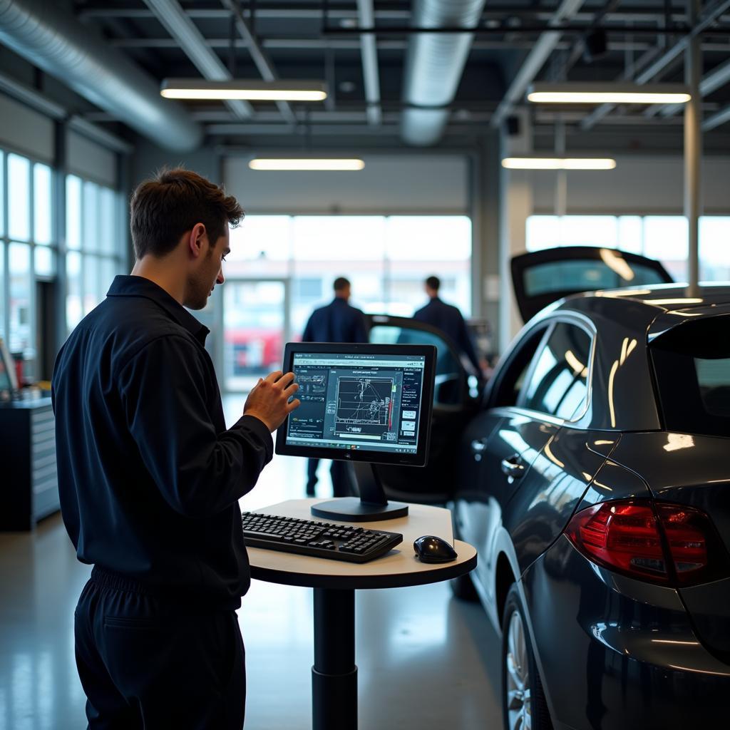 Moderne Autowerkstatt mit Diagnosegeräten und Mechanikern bei der Arbeit