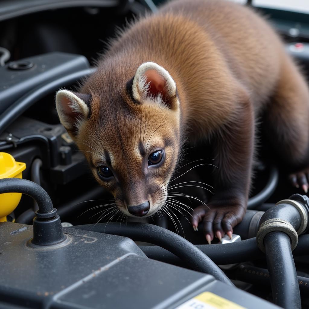 Junger Marder im Motorraum eines Autos