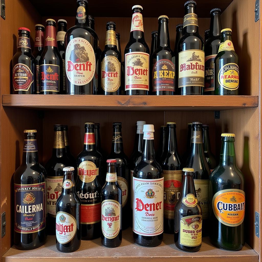 Ein Regal voller alter Bierflaschen in einer privaten Sammlung.