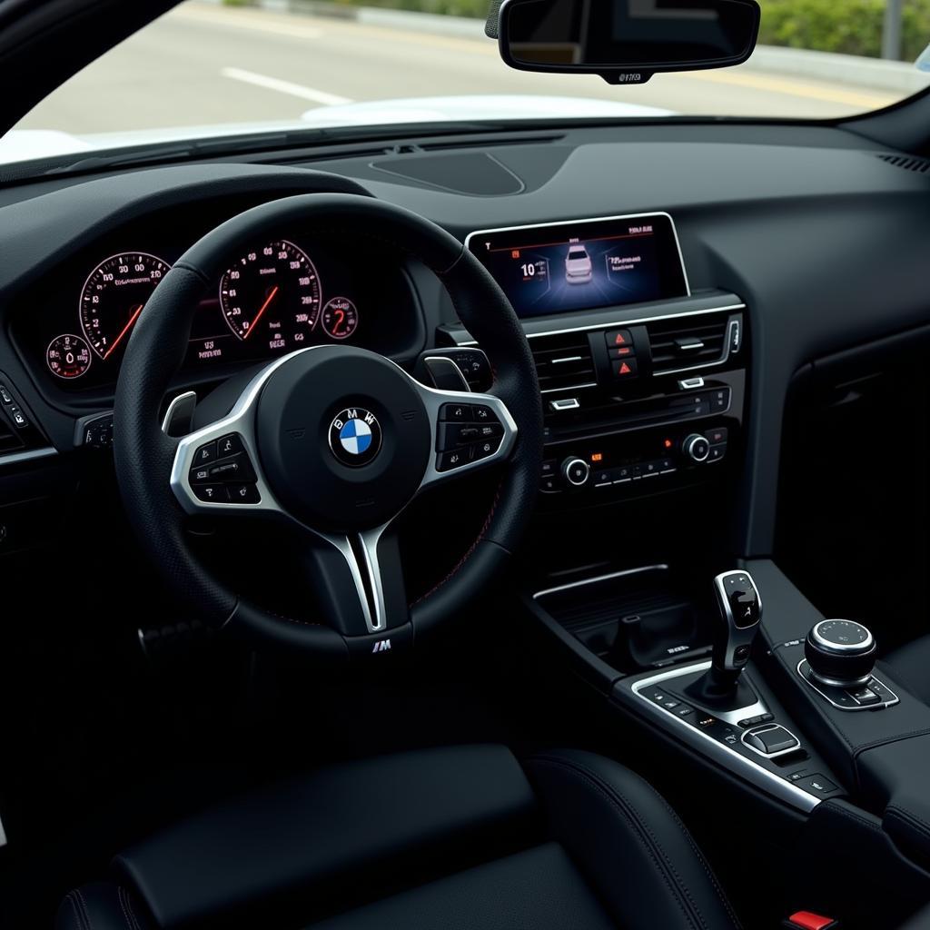 Das Cockpit des BMW M4 Competition: Ein Blick auf das Lenkrad, die digitalen Anzeigen und die Mittelkonsole.