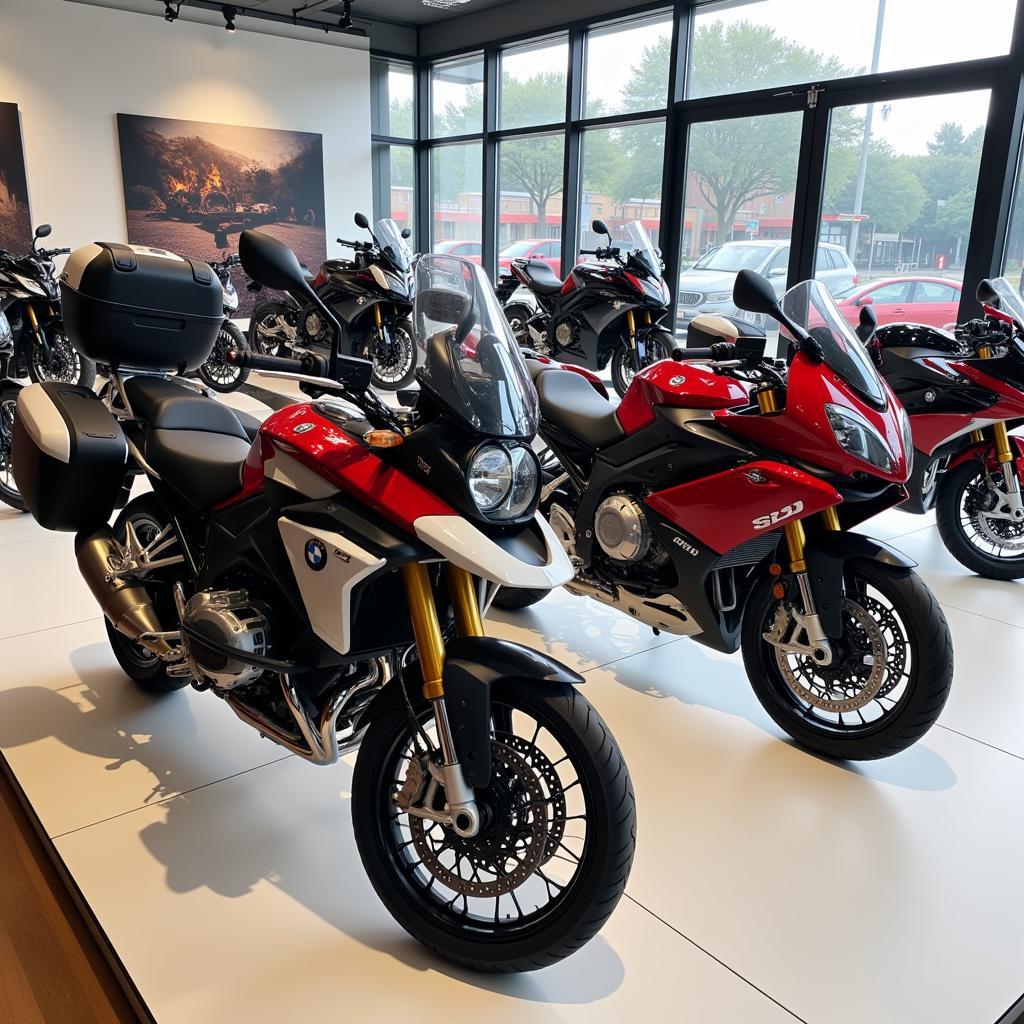 Vielfältige BMW Motorrad Modelle im Showroom von Müller Leipzig: Von der GS bis zur S 1000 RR.