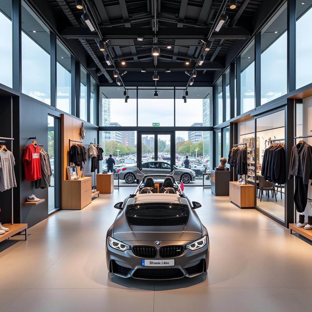 Innenansicht des BMW Welt Shop mit den ausgestellten Produkten