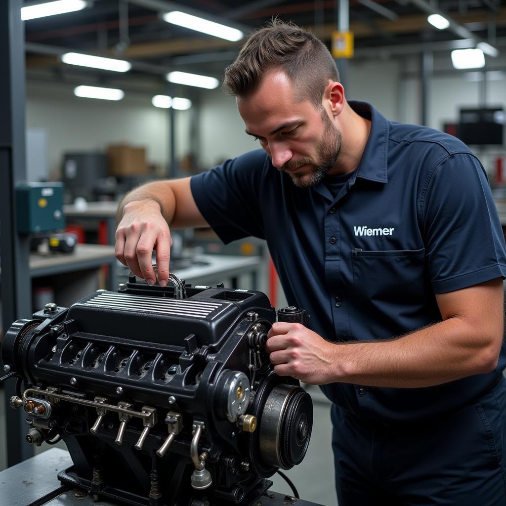 Ein Mechaniker repariert einen BMW Motor in einer Wiemer Werkstatt