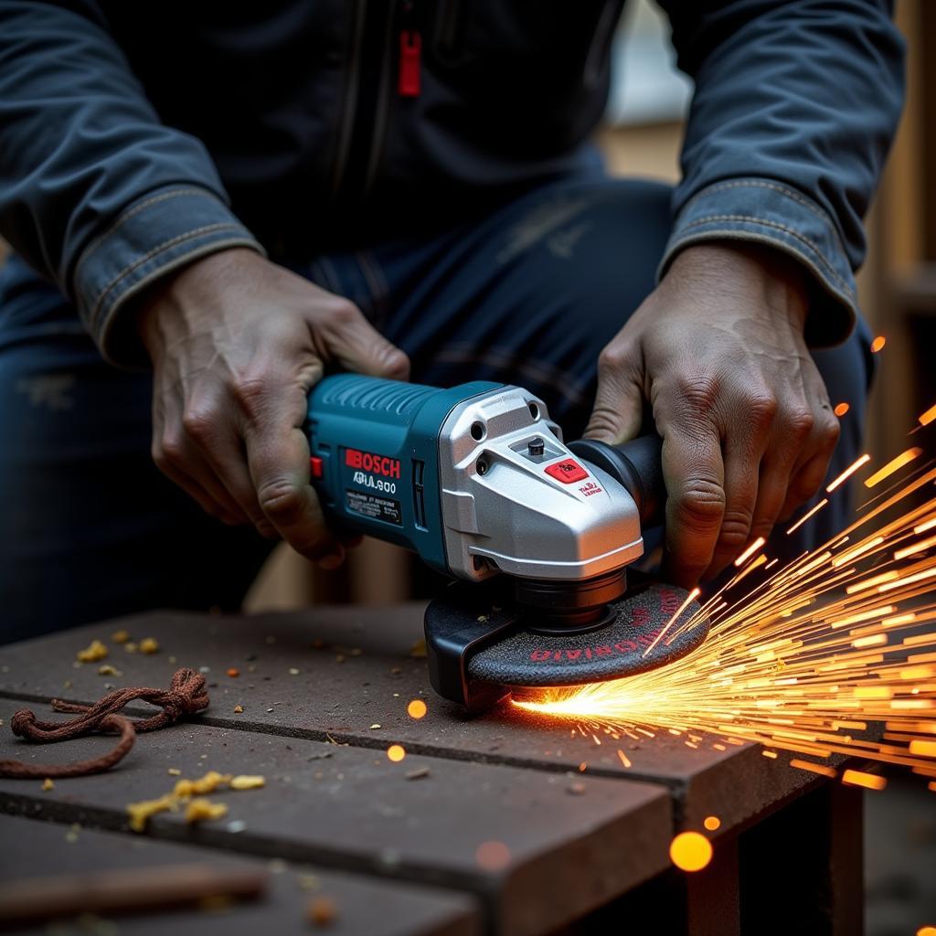 Bosch Blau Winkelschleifer im Einsatz: Ein Arbeiter verwendet einen Winkelschleifer der Bosch Blau Serie, um Metall zu schneiden.