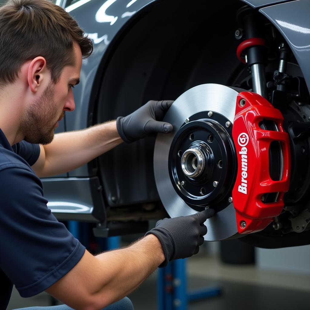 Einbau einer Brembo Bremsscheibe in einer Werkstatt