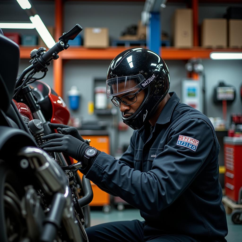 Mechaniker arbeitet an einem Motorrad in einer Werkstatt