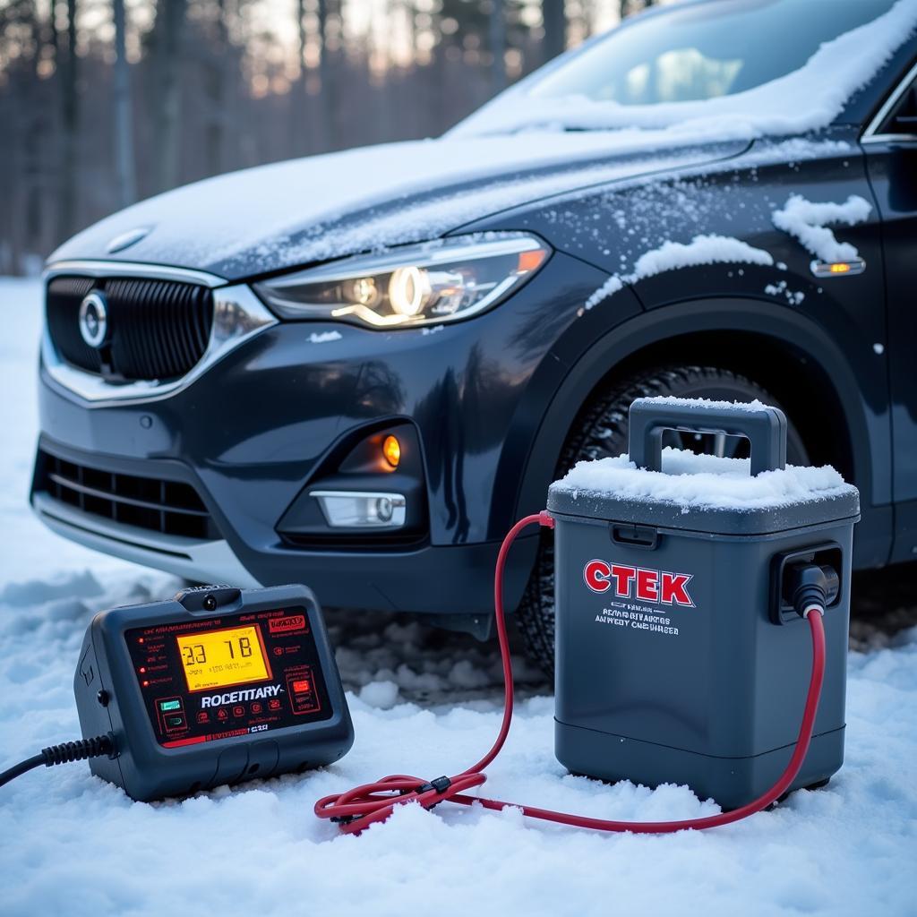 CTEK Ladegerät im Winter am Auto angeschlossen