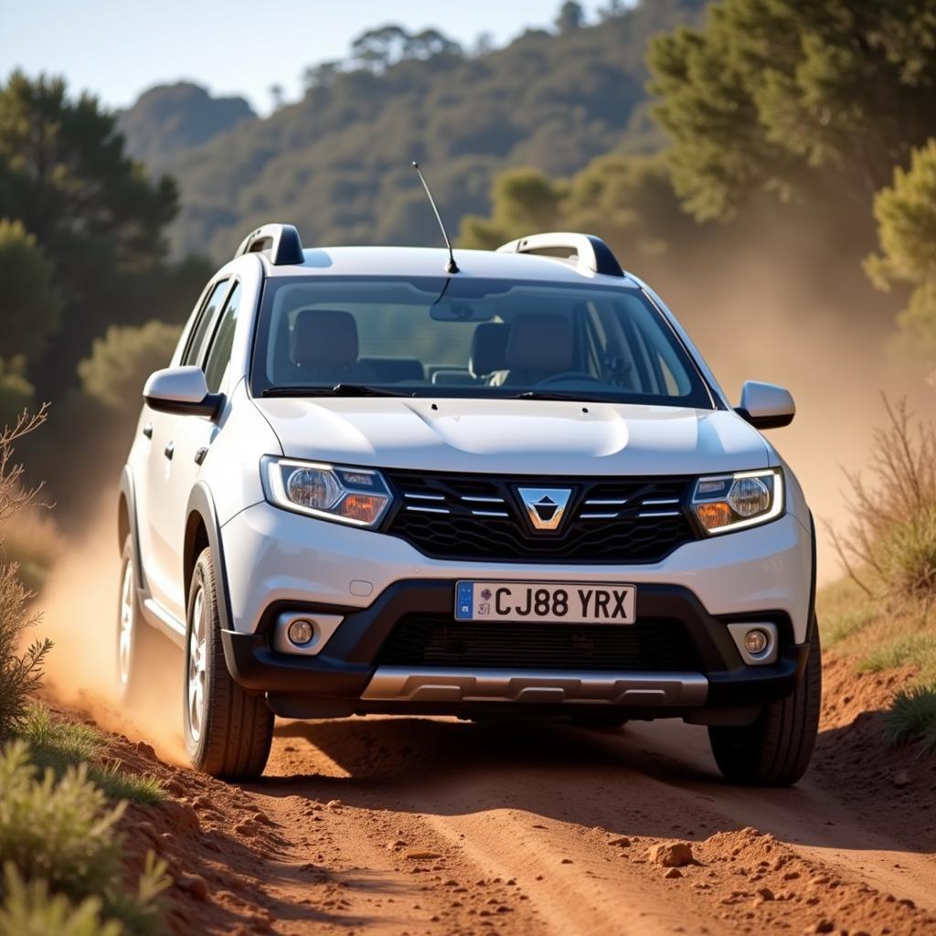 Dacia Sandero Stepway 3 fährt auf einem Feldweg