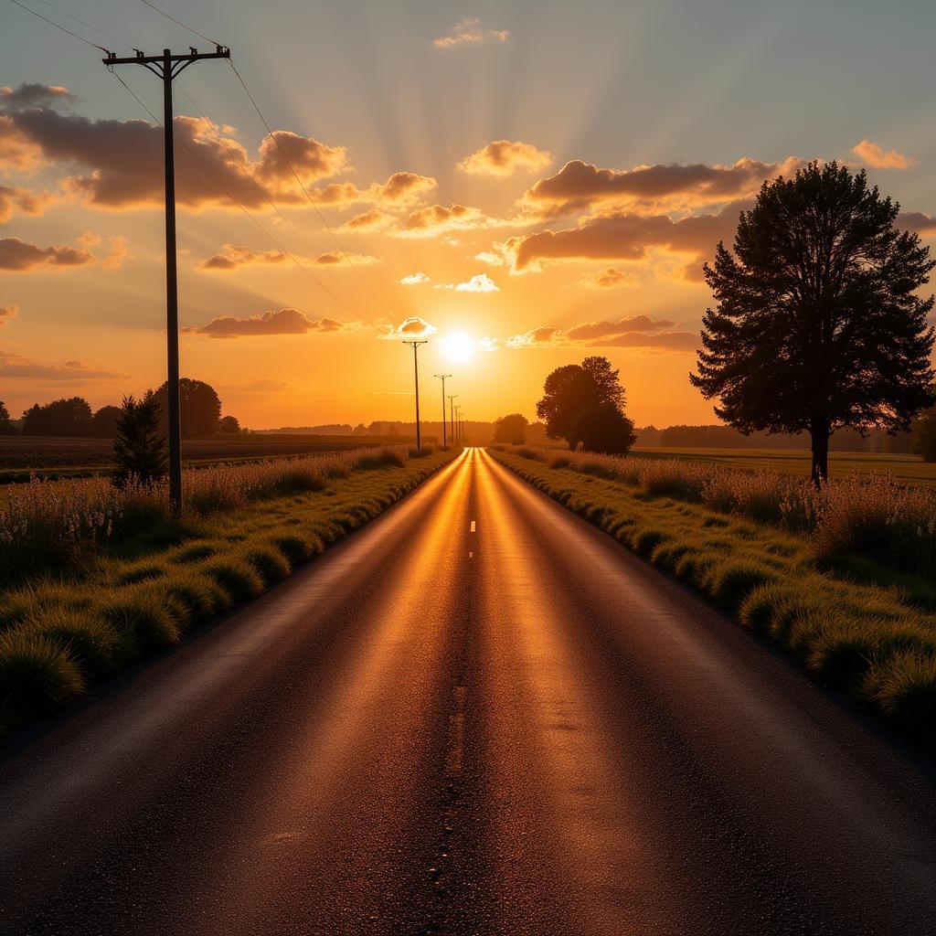 Idyllische Landstraße in Deutschland bei Sonnenuntergang - perfekt für eine Autobahn-freie Route.