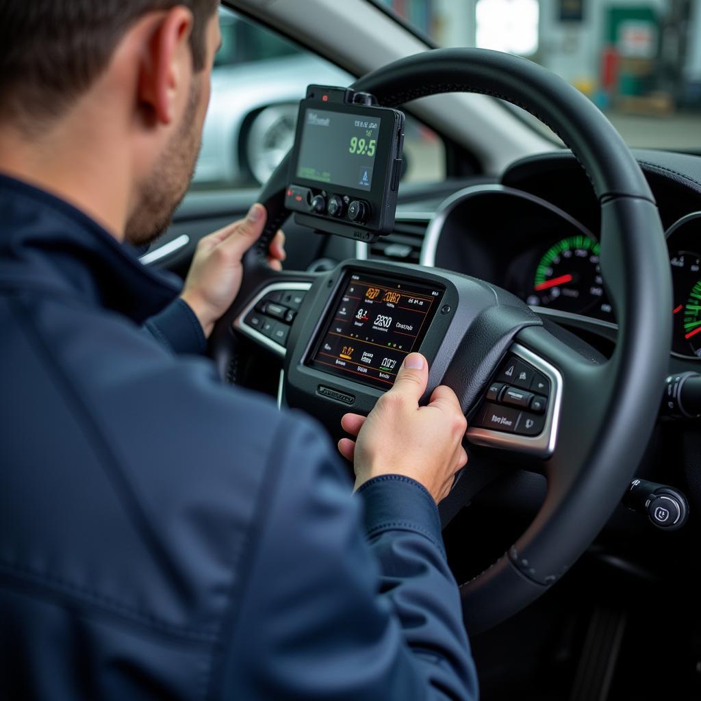 Mechaniker verwendet Diagnosegerät an einem Fahrzeug in einer Werkstatt in Geilenkirchen