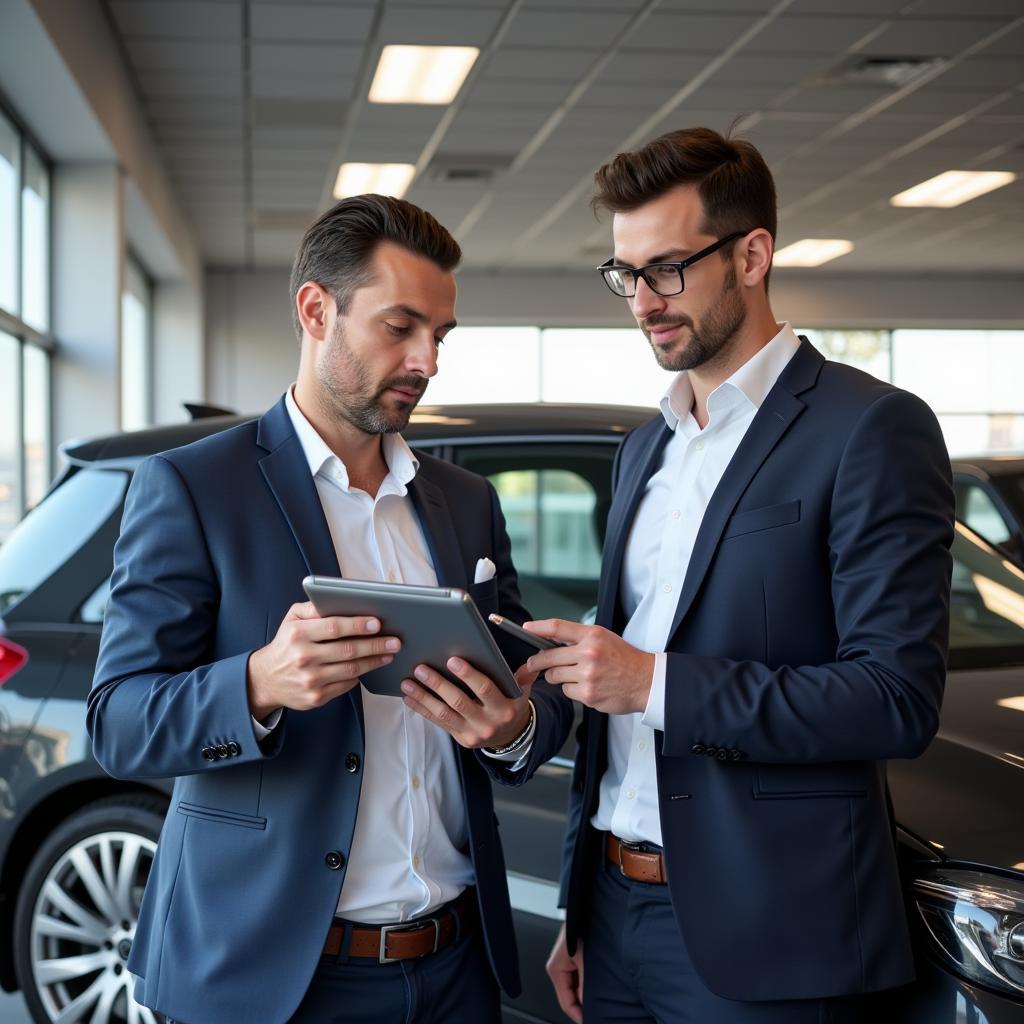 Digitalisierung im Autohandel: Ein Verkäufer berät einen Kunden mithilfe eines Tablets.