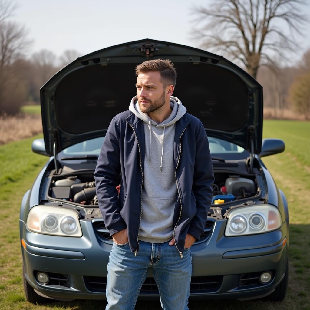 DIY Reparatur Fehler: Ein Autobesitzer steht ratlos vor einem Motorraum, nachdem er versucht hat, selbst eine Reparatur durchzuführen und dabei weitere Probleme verursacht hat.