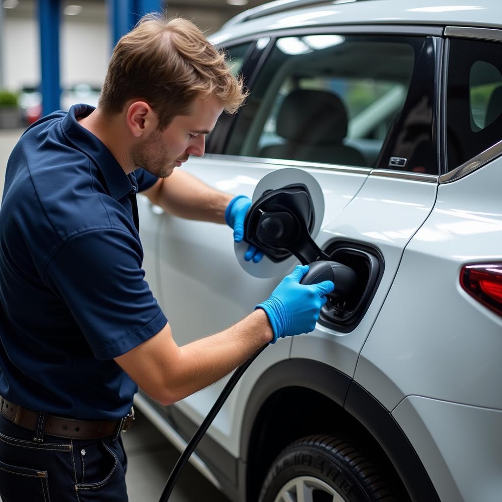 Reparatur am Ladeanschluss eines Elektroautos