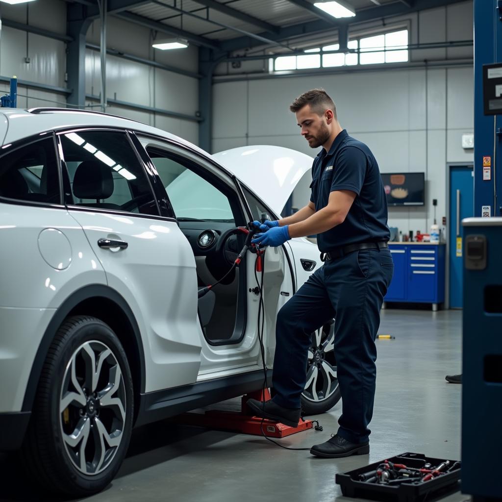 Mechaniker arbeitet an einem Elektroauto in einer modernen Werkstatt