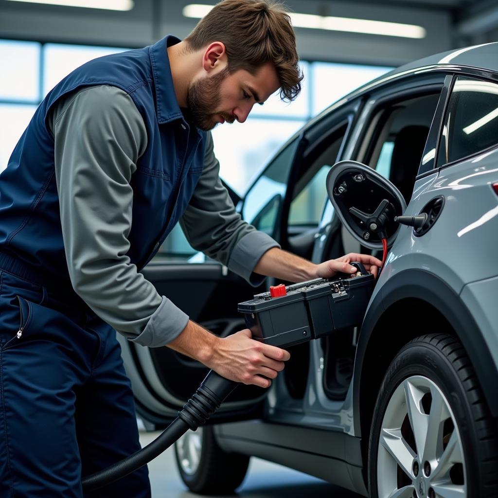 Elektromobilität: Die Zukunft der Autoreparatur?: Ein Mechaniker arbeitet an der Hochspannungsbatterie eines Elektroautos in einer modernen Werkstatt.