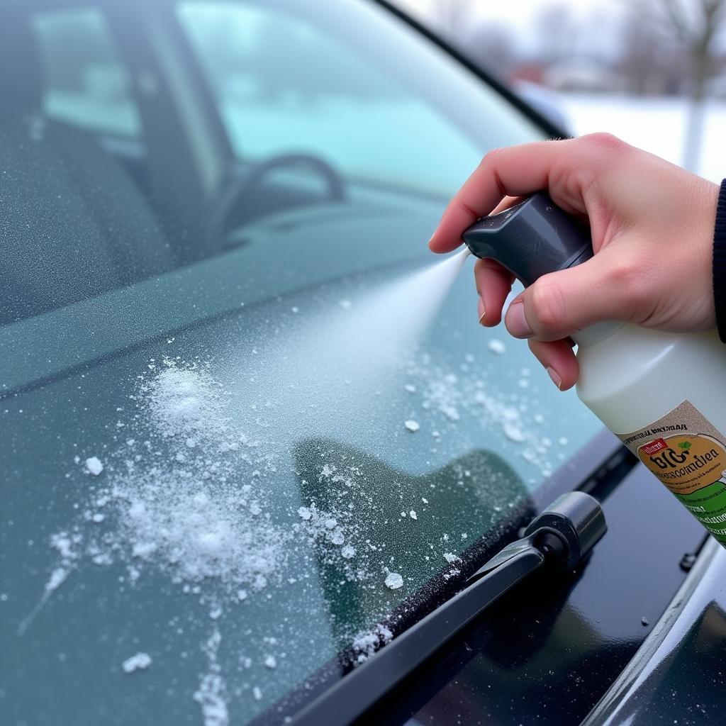 Anwendung von Enteiserspray auf der Autoscheibe