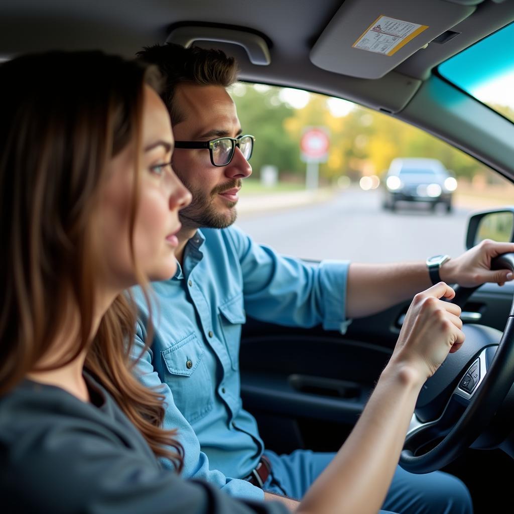 Fahrlehrer erklärt dem Schüler die Verkehrsregeln