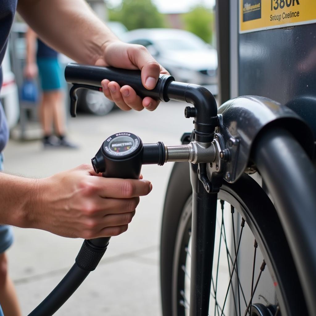 Fahrradreifen an der Tankstelle aufpumpen