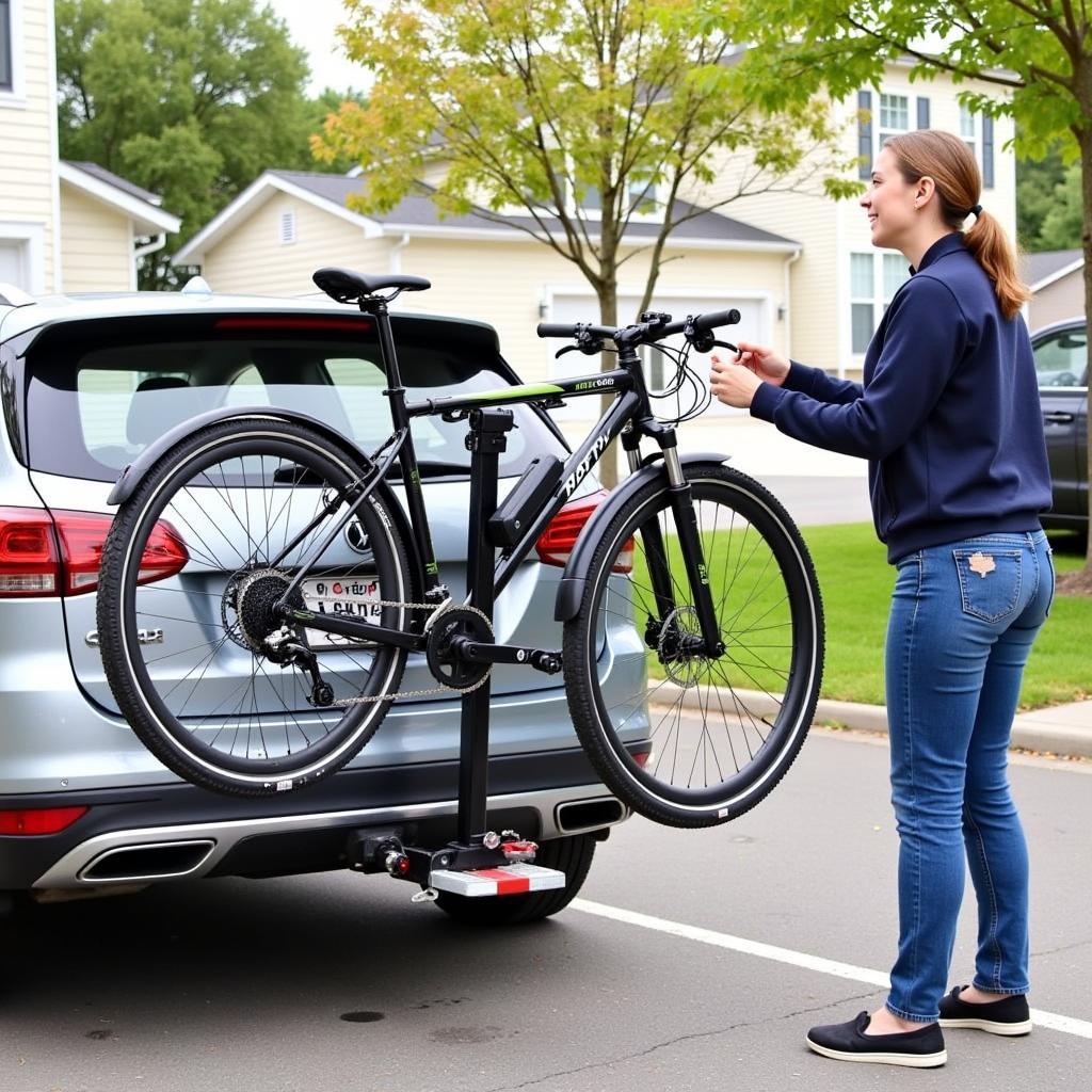 Montage eines E-Bikes auf einem Fahrradträger für Anhängerkupplung