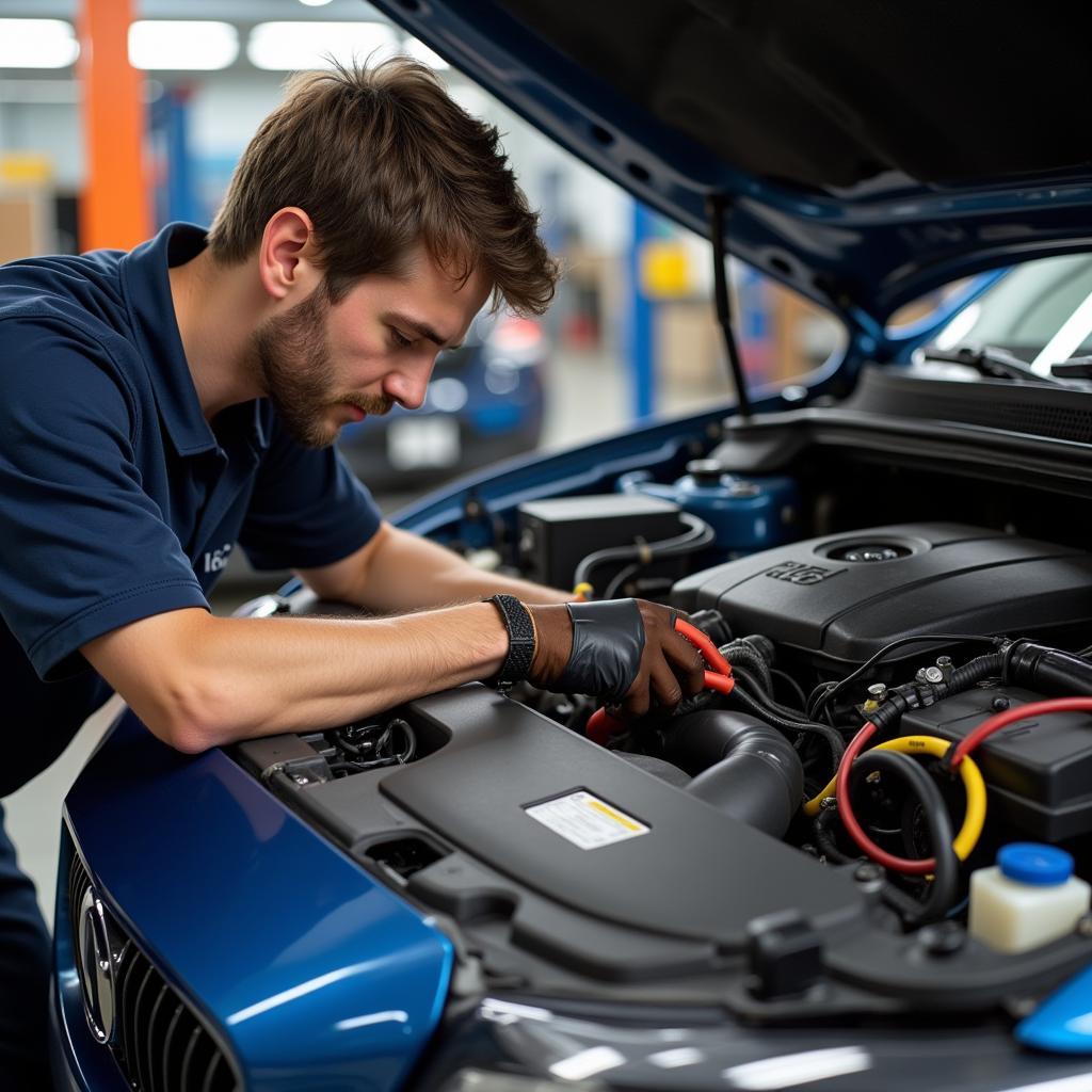 Sichere Verkabelung im Auto: Ein Mechaniker überprüft die Kabel anhand des Farbcodes.