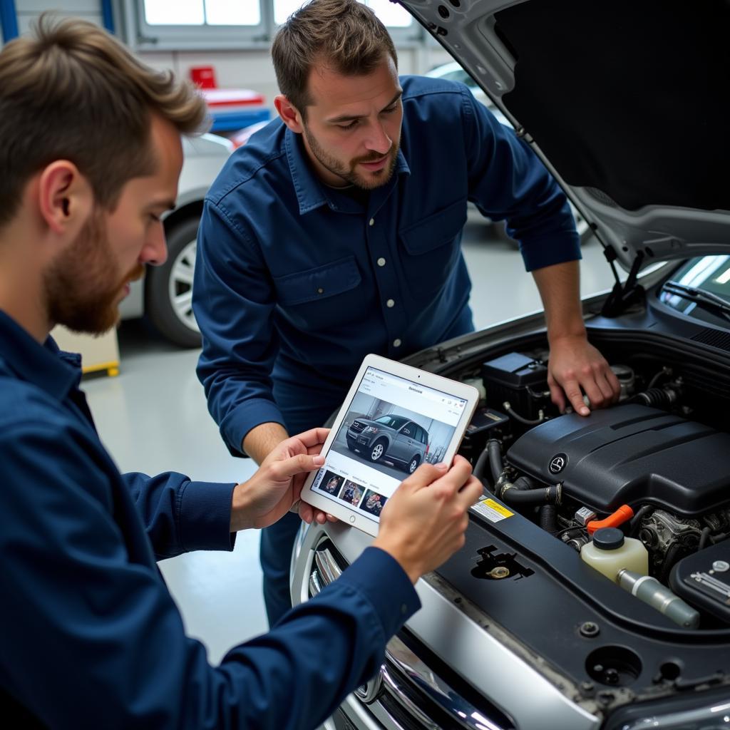 Fehlerdiagnose in der Kfz-Werkstatt mit Fotos: Ein Mechaniker untersucht ein Auto und vergleicht die Ergebnisse mit Fotos auf einem Tablet.