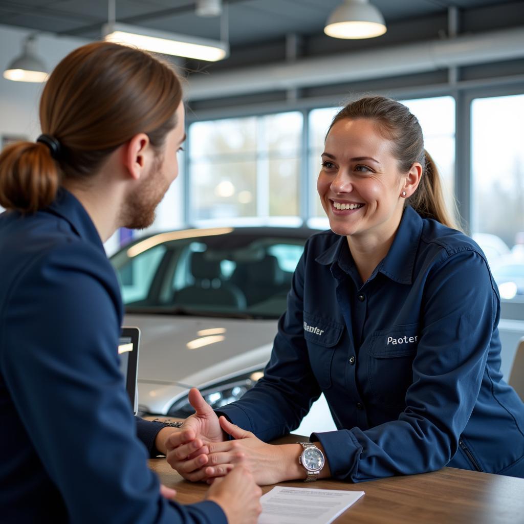 Ford Möltgen Kundenberatung Service - Eine Serviceberaterin spricht mit einem Kunden.