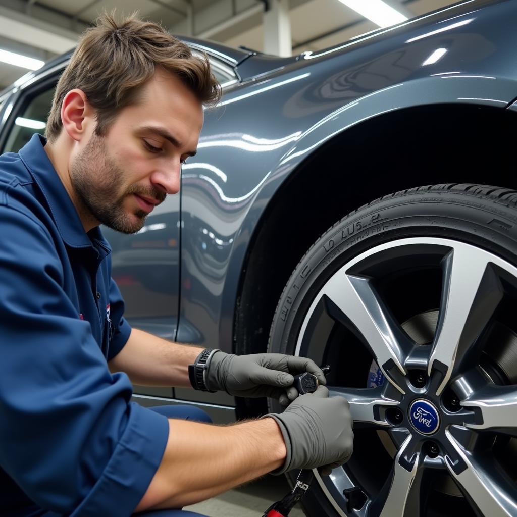 Reparatur am Ford Mondeo Hybrid:  Ein Mechaniker arbeitet am Hybridsystem des Fahrzeugs.