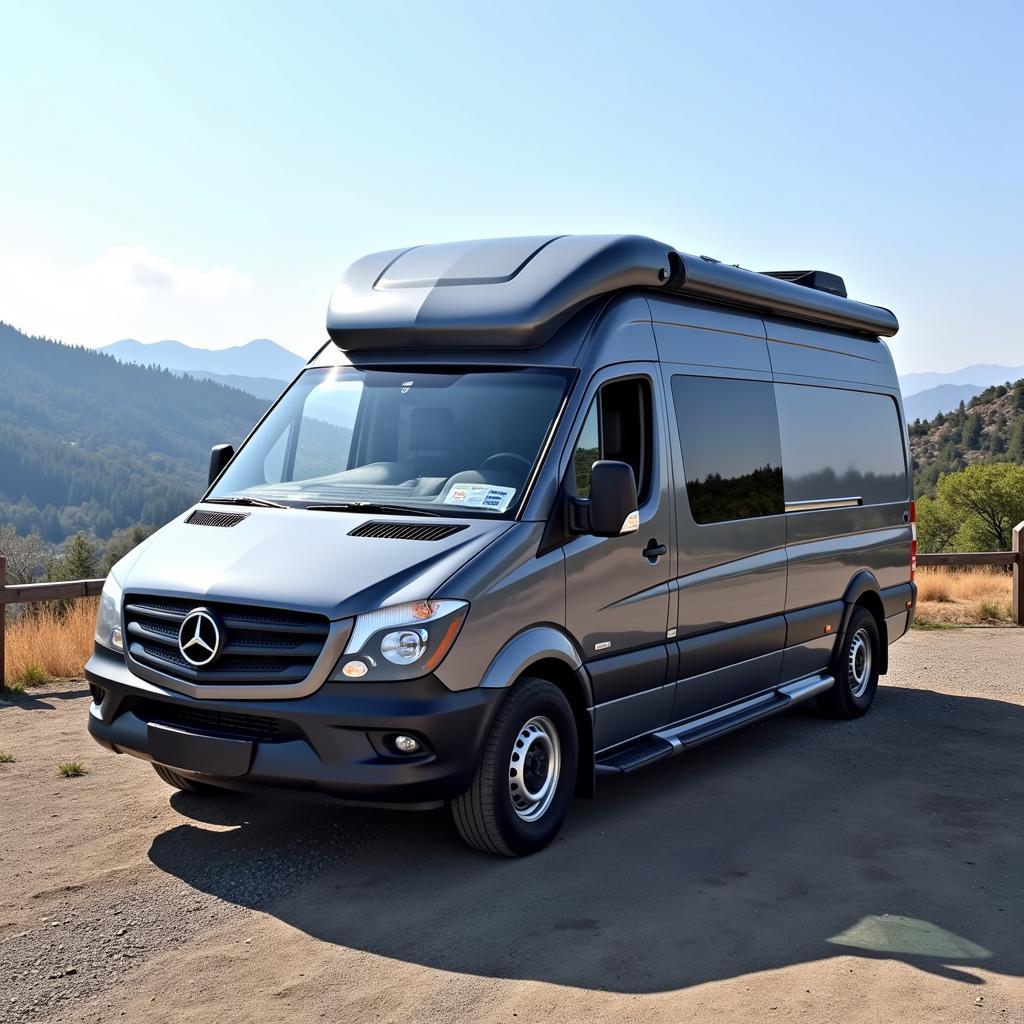 Gebrauchter Mercedes Sprinter Wohnmobil: Außenansicht eines modernen, gut erhaltenen Wohnmobils auf Basis eines Mercedes Sprinter.