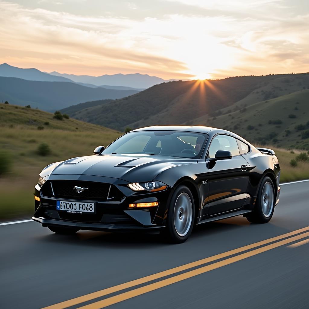 Ein gebrauchter Ford Mustang fährt auf einer malerischen Strasse.