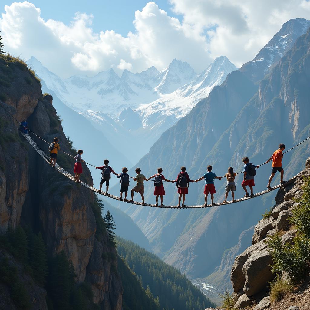 Kinder überqueren eine gefährliche Hängebrücke im Himalaya, Nepal