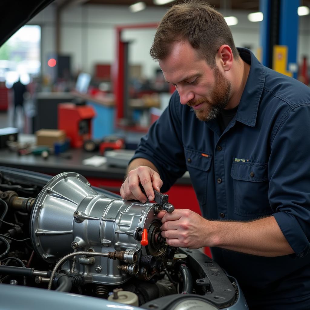 Getriebereparatur in Altona: Ein erfahrener Mechaniker arbeitet an einem Automatikgetriebe.