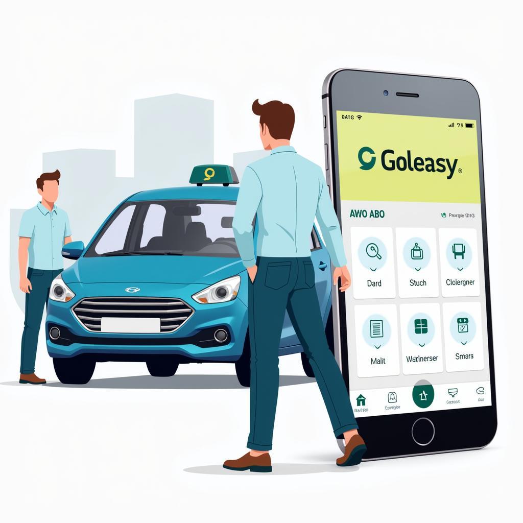 Goleasy Auto Abo erklärt: Ein Mann betrachtet ein Auto mit einem Goleasy-Logo. Im Hintergrund ein Smartphone mit der Goleasy-App.