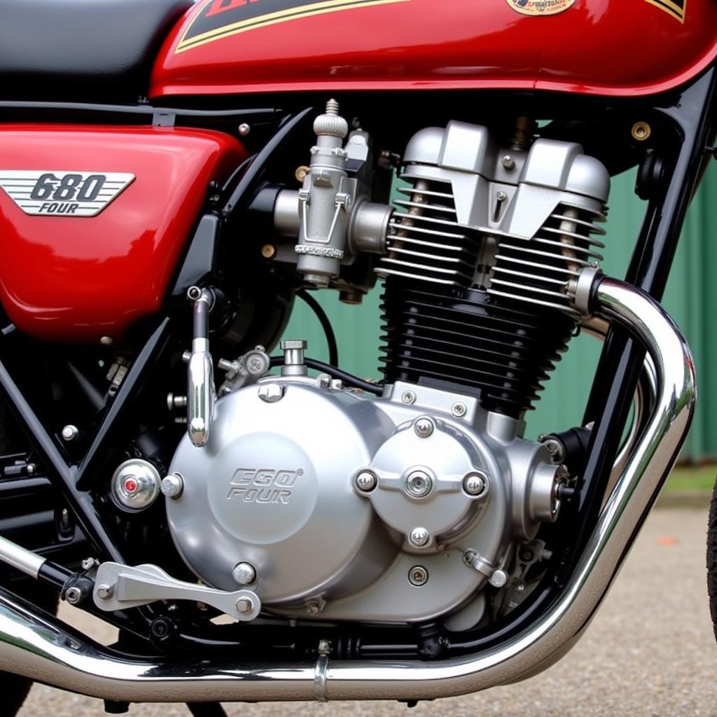 Detailansicht des Vierzylindermotors der Honda CB350 Four.