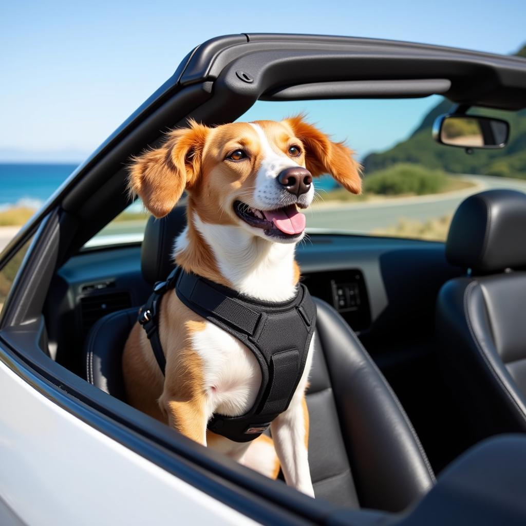 Ein Hund sitzt sicher angeschnallt im Cabrio und genießt die Fahrt.