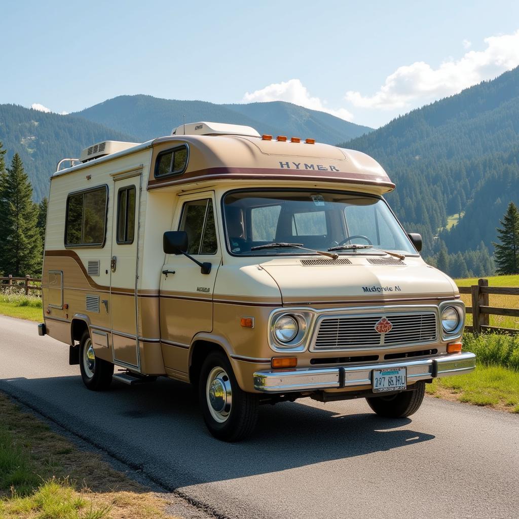 Nostalgisches Hymer Oldtimer Wohnmobil auf einer malerischen Straße.