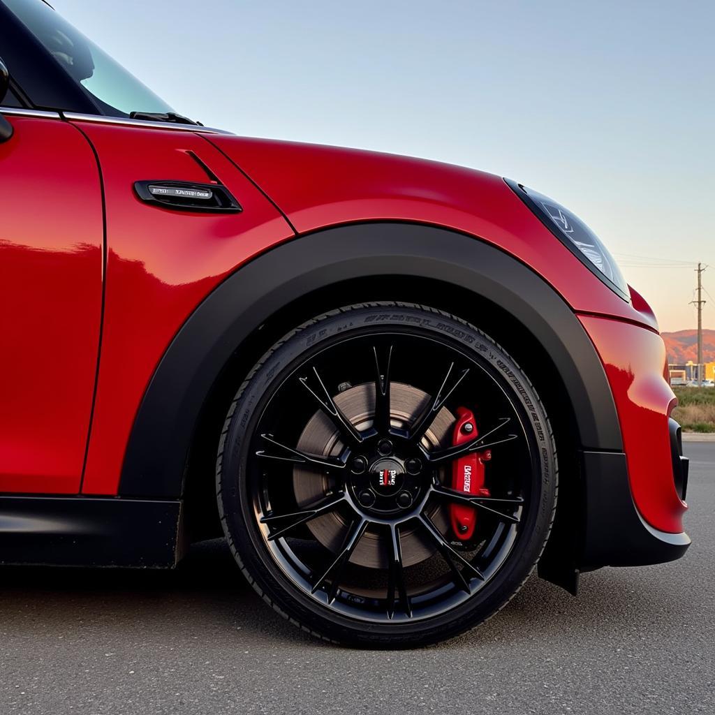 JCW Felgen montiert auf einem roten Mini Cooper