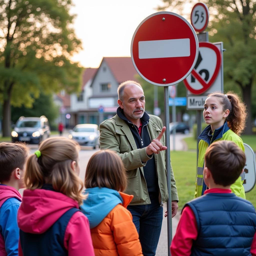 Verkehrserzieher erklärt Verkehrszeichen in der Jugendverkehrsschule Wilmersdorf