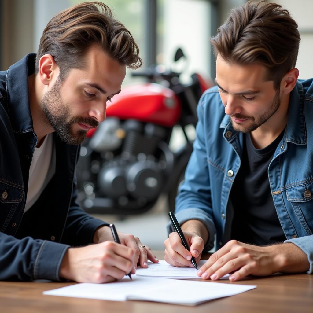 Unterzeichnung eines Kaufvertrags für ein gebrauchtes Motorrad